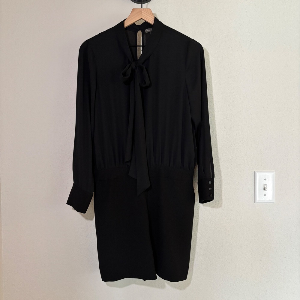 Vince Camuto Romper Neck Tie Bow 8 Chiffon Long Sleeve Black Sophisticated Chic